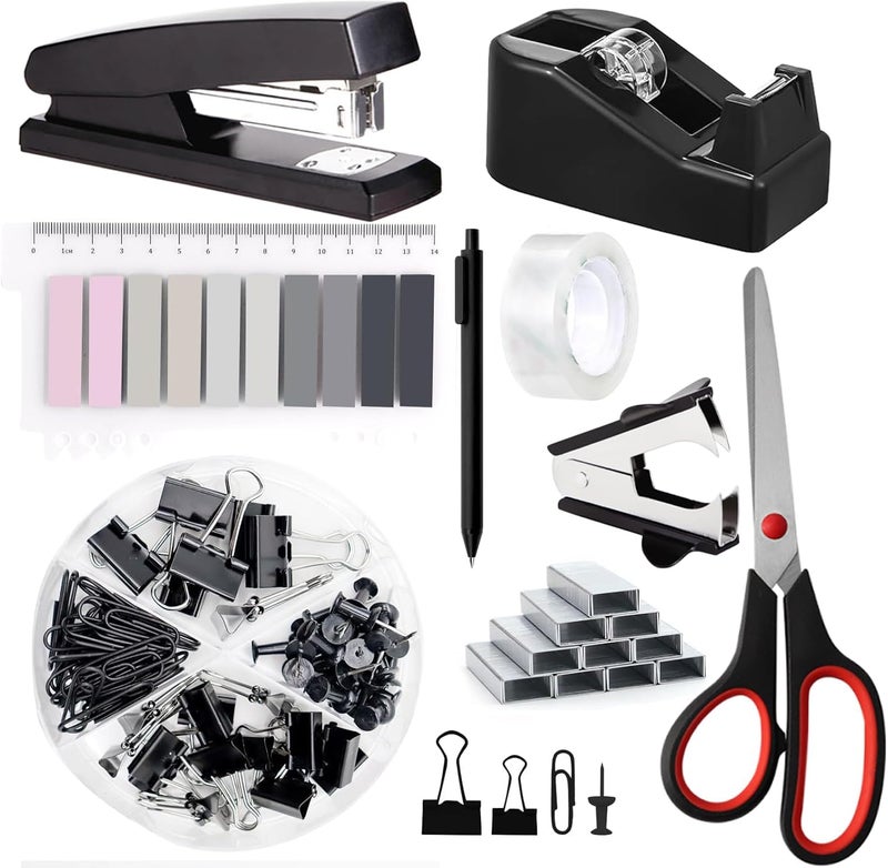 suniya Office Supplies,Desk Accessories,Tape Holder,Stapler,Scissor,Staple Remover,Box of Binder Clips,Staples,Ballpoint Pen,Lndex Tabs,Clear Tape,Office Supplies Set(Black) - Image 1